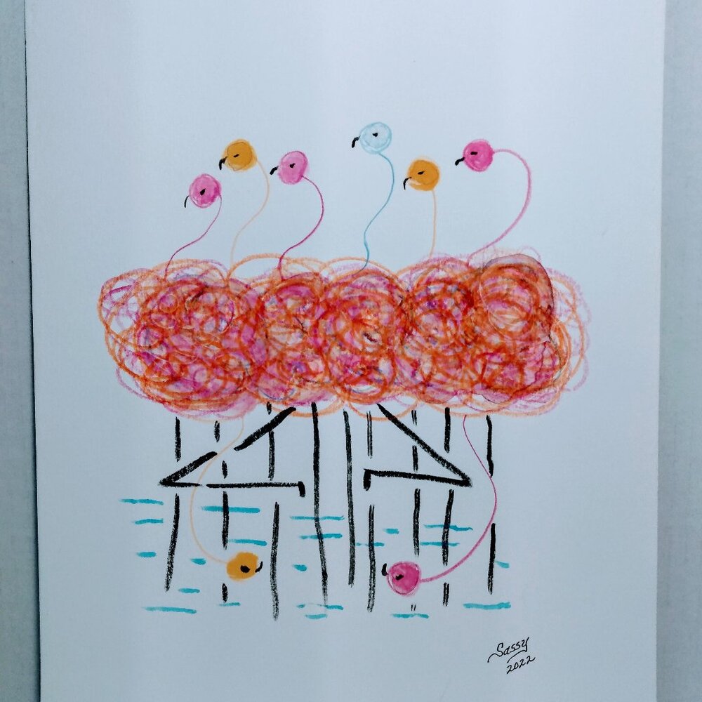 Original Artwork Titled 'Flamingo Bouquet' Watercolor By US Painter, Sassy